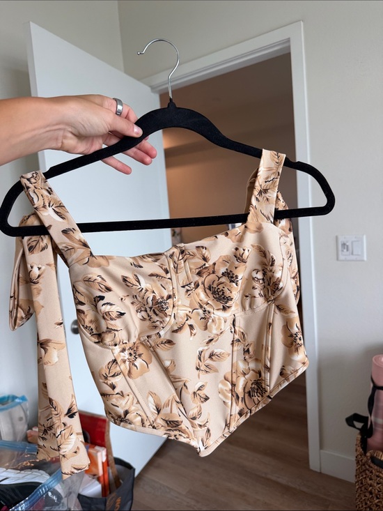 Tops - Floral Tie-Strap Bustier Top - Beige